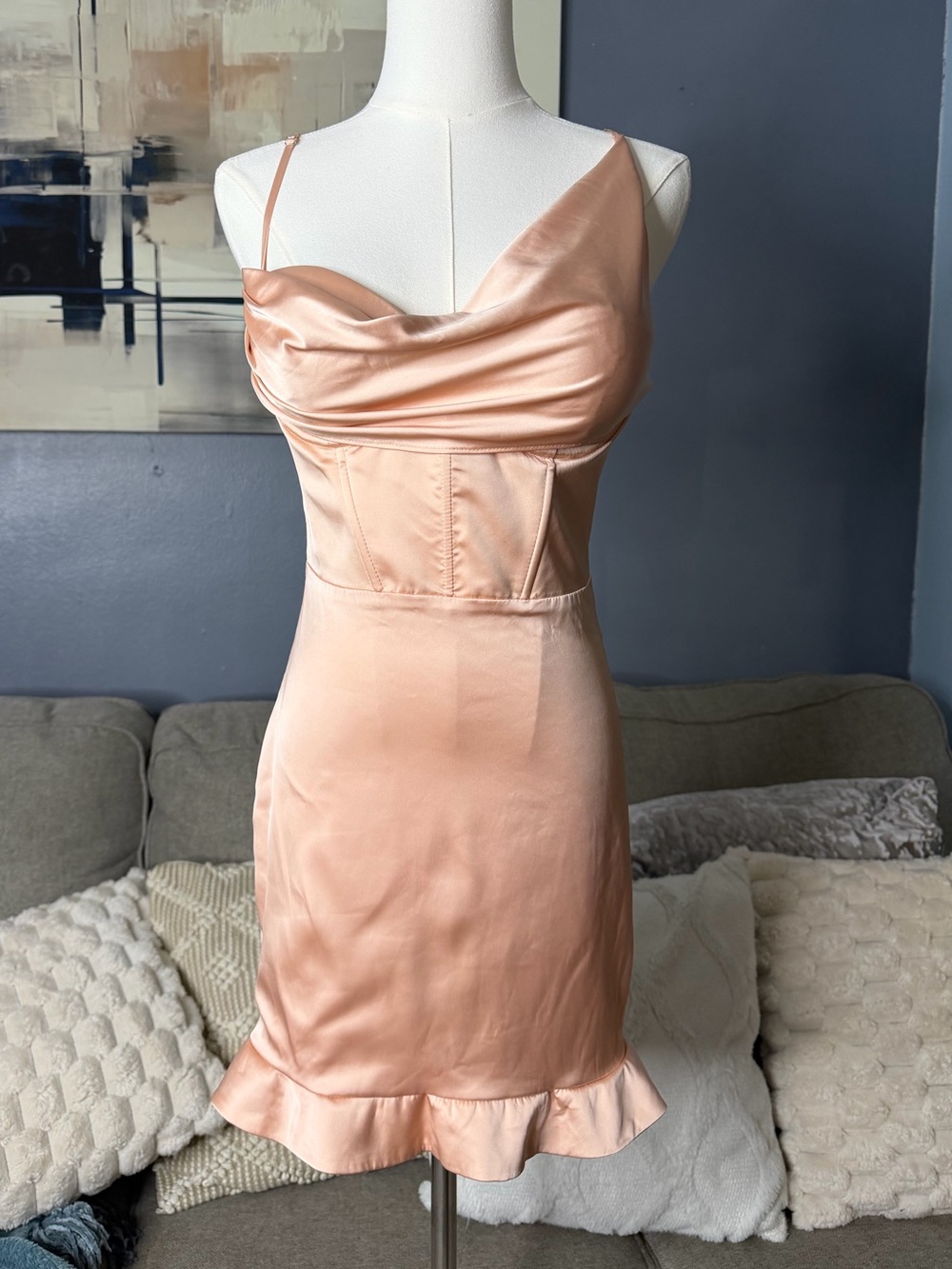 Oh Polly Peach Satin Corset Cowl Neck Mini Dress Size US 6 - Picture 2 of 6